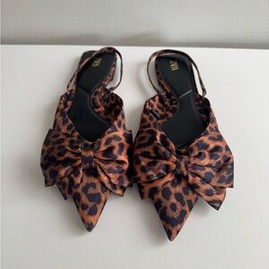 Zara Leopard Bow Pointed Slingback Flats - Brown/Black